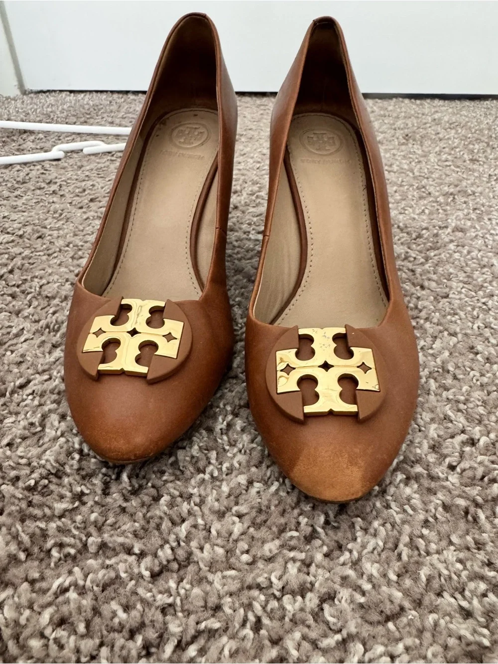 Tory Burch Tan Leather Logo Ballet Wedges